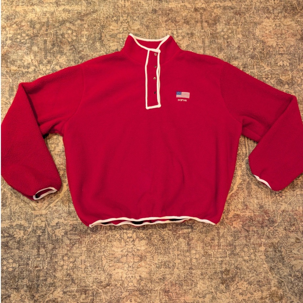 Parke Womens Red Sherpa Fleece Snap Mock Neck Pullover American Flag L/XL - Picture 2 of 8